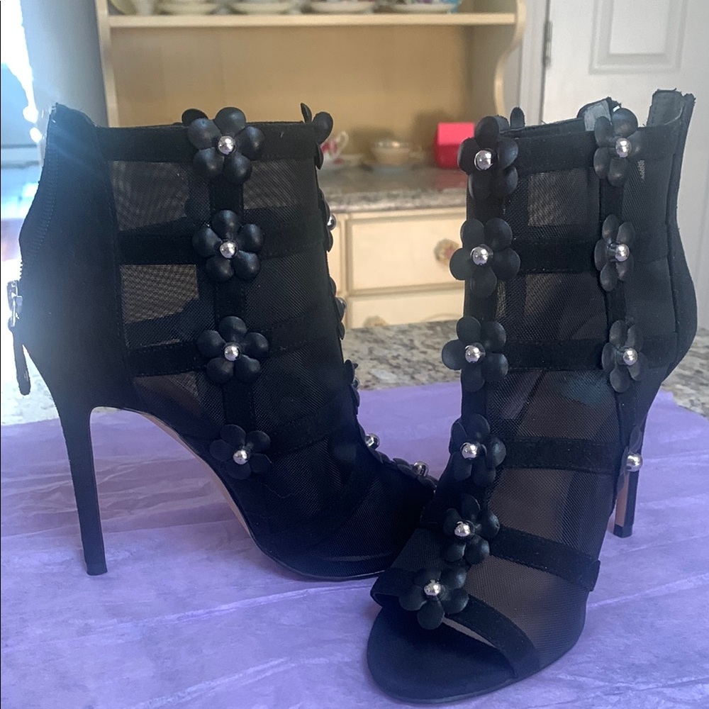Avec Les Filles Black Floral Heeled Boots